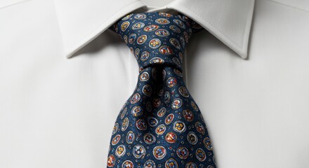 Formal White Shirt with Patterned Blue Tie Knotted in Classic Style
