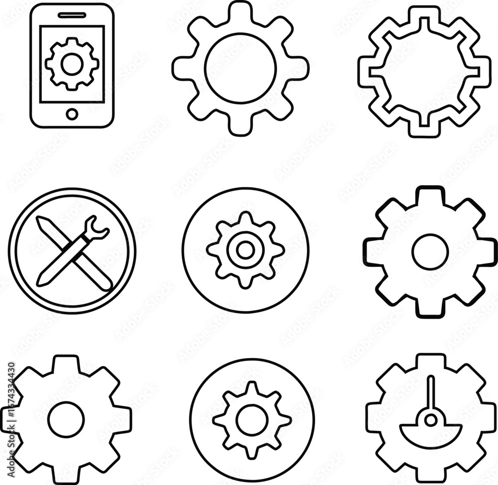 Poster vector collection of outlined gear icons designed for representing configuration settings, system pr