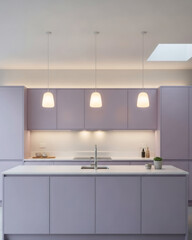 Minimalist Lavender Kitchen with Quartz Island and Ambient Warm Lighting