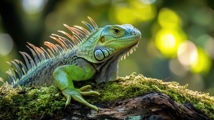 Fototapeta premium A vivid image of a bright green iguana sunbathing on a mossy log