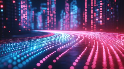 Neon - lit Digital Pathway with Blurred Cityscape Background in Pink and Blue Hues 