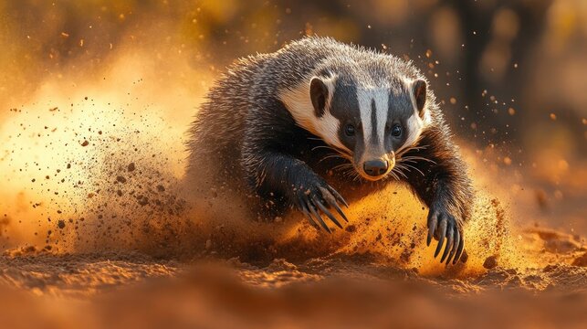 A tough honey badger digging fiercely into the dry ground of a savanna