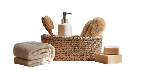 Spa products in a woven basket.  Relaxing bathroom setting.
