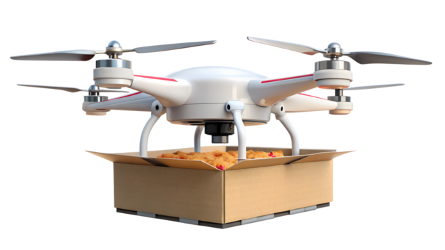 Drone delivering pizza in a cardboard box isolated on transparent background, offering a fast and innovative food delivery service - Powered by Adobe