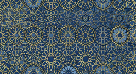 Intricate gold and blue geometric Islamic pattern.