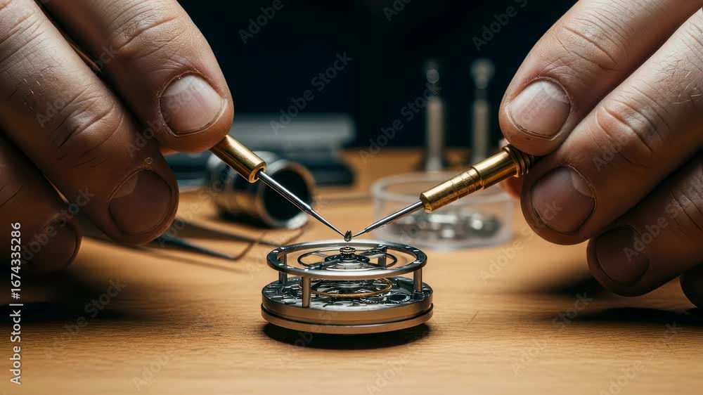 Poster Closeup of the rotating tourbillon cage being manually tested on the workbench to ensure flawless movement function.