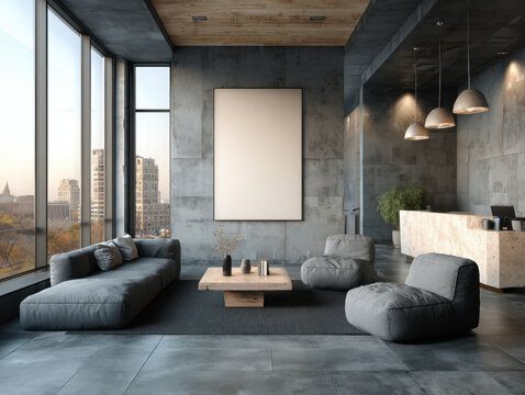Modern office lobby interior with blank canvas and city view