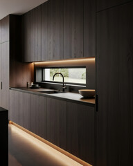 Dark Walnut Minimalist Kitchen with Vertical Storage and Ambient LED Lighting