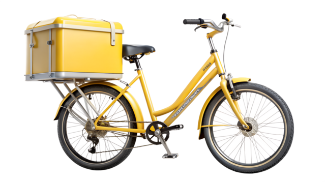 A yellow delivery bicycle with a box isolated on transparent background, perfect for food transport and urban services - Powered by Adobe