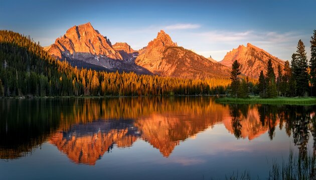 sawtooth mountains reflecting in still lake at sunset landscape photography in idaho usa
