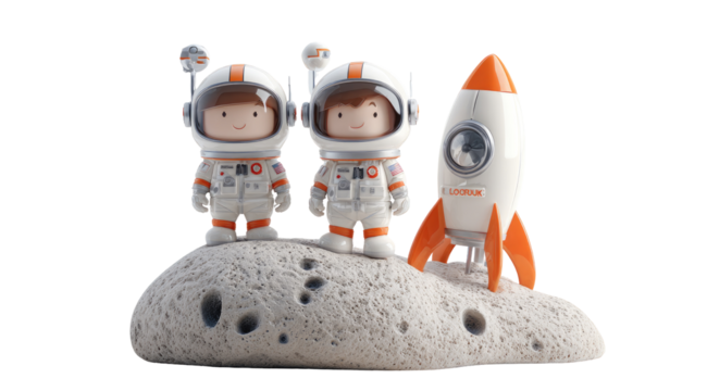 Cartoon astronauts on a moon rock with a rocket - Powered by Adobe