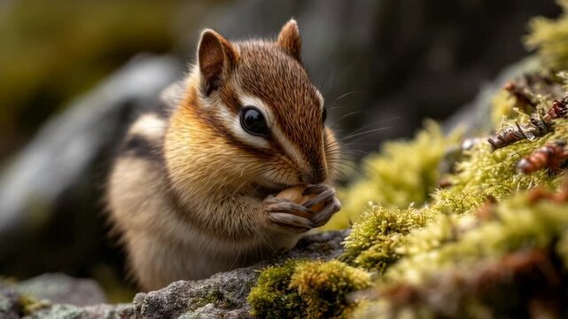 Chipmunk Stuffing Cheeks with Nuts on Mossy Surface in Forest
