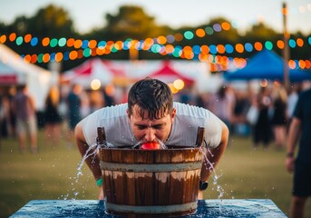 Halloween Fun: Apple Bobbing Challenge at Fall Festival - A man enthusiastically bobs for apples at a Halloween festival, surrounded by glowing lights, laughter, and festive autumn spirit.