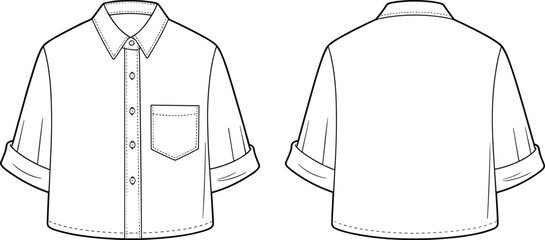 Women’s cropped button-up shirt vector, front and back view, casual rolled sleeve top illustration for fashion design, flat sketch template © MDABDULLAHAL