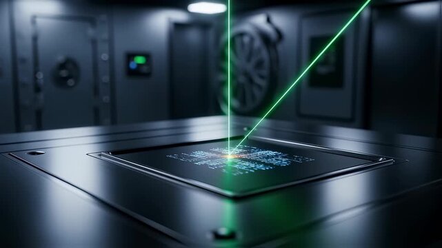 Detailed laserbeam interaction with a biometric chip surface in a vault setting representing cuttingedge personalization techniques.