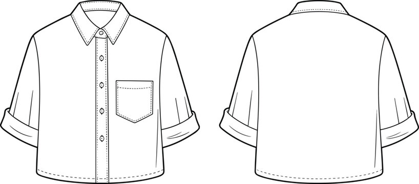 Women’s cropped button-up shirt vector, front and back view, casual rolled sleeve top illustration for fashion design, flat sketch template