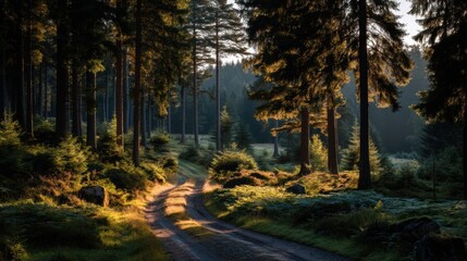 Serene forest path winding through tall trees at dawn, with soft sunlight illuminating greenery