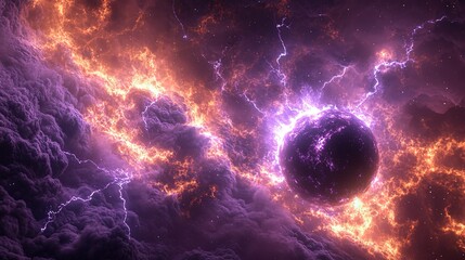 Obraz premium Cosmic Scene with Electric - Charged Planet Surrounded by Nebulous Clouds and Lightning - like Energy Streaks 