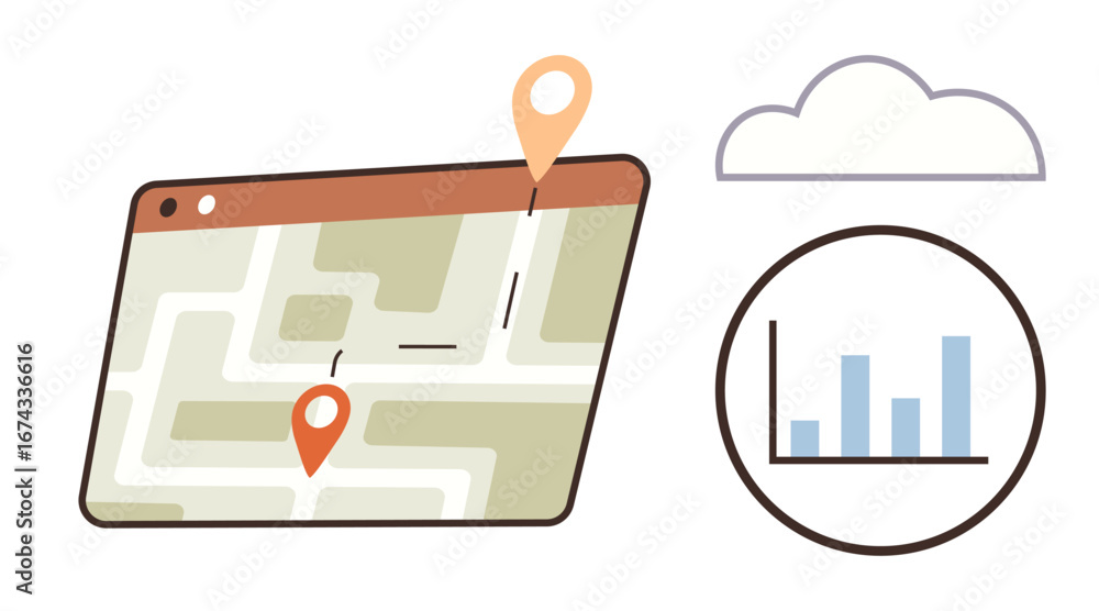 Poster tablet displaying a route on a map with gps markers, cloud icon, and bar chart analytics. ideal for 