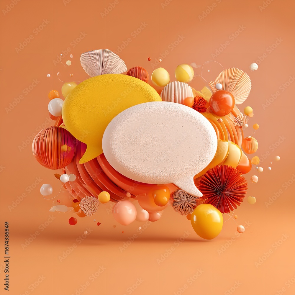 Aufkleber Abstract Peach Background with Two Speech Bubbles Surrounded by Artistic Shapes and Objects