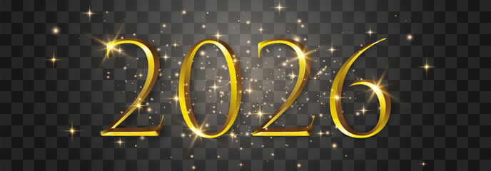 Vector 2026, Happy New Year gold particles design. Vector luxury light sparkles. Vector gold glitter particles shine isolated on png background