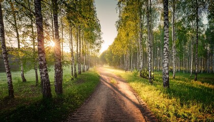 Obraz premium a dirt road passing through a birch grove permeated through the rays of the morning sun