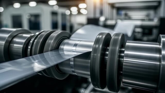 Closeup of tension control rollers guiding superconducting tape smoothly through a slitting line maintaining alignment and preventing damage.