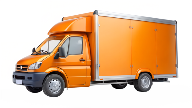 Orange delivery van isolated on transparent background, ideal for commercial transport, logistics, and efficient service delivery