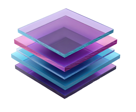 Stacked translucent squares of varying shades of purple and blue
