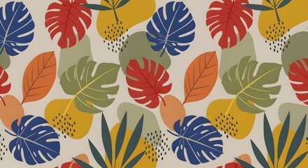Vibrant tropical leaves pattern with abstract shapes and dots in a colorful, retroinspired design on a neutral background, perfect for textiles and decor