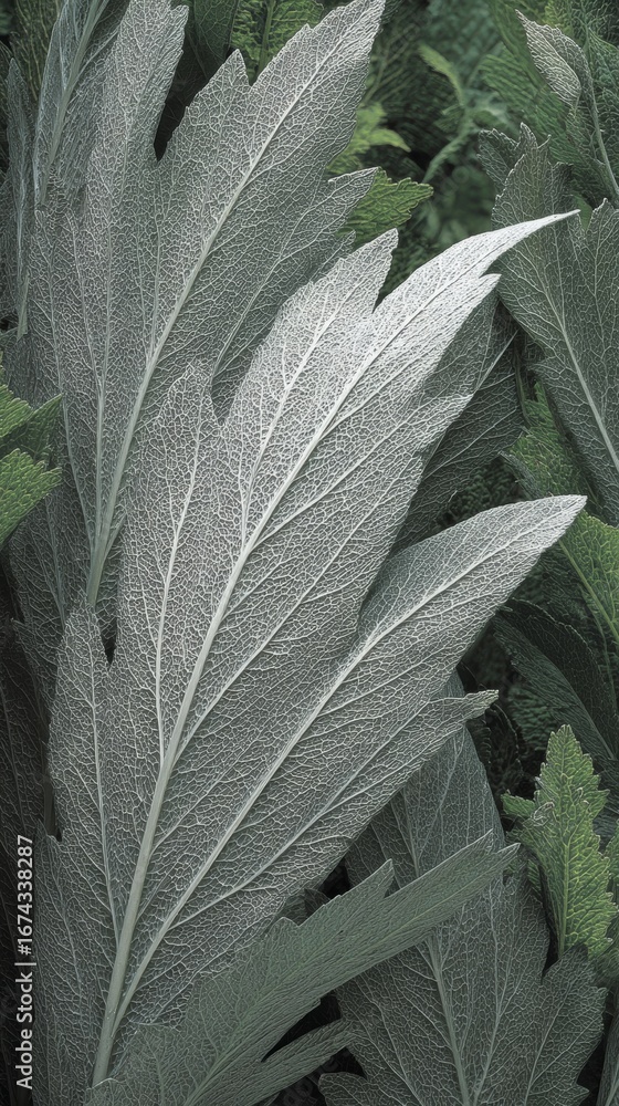 Poster close-up view of lush green leaves showcasing intricate textures and patterns in a serene outdoor se