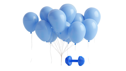 Light-blue balloons clustered, a dumbbell at base