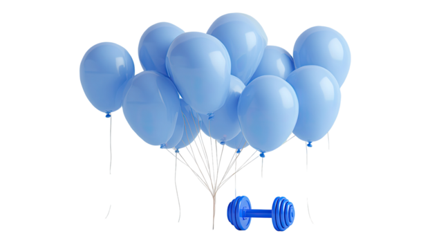 Light-blue balloons clustered, a dumbbell at base