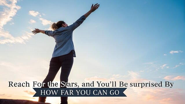 Woman Reaching for the Stars with Arms Outstretched at Sunrise. - Powered by Adobe