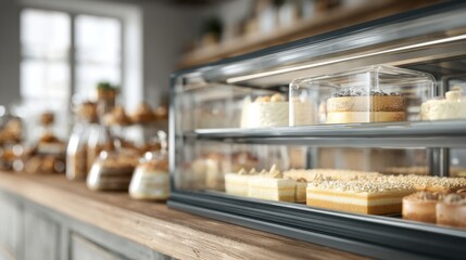 Focused medium shot of a dualzone refrigeration unit storing cakes at optimal temperatures illustrating ecofriendly energy use with a softly blurred bakery counter in the