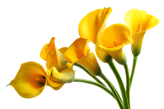 Vibrant yellow calla lilies bloom beautifully isolated on a clean