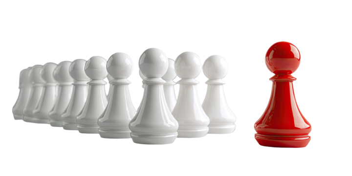 A single red pawn standing out from a line of white pawns