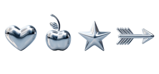 Silver metallic icons of heart, apple, star, and arrow