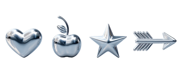Silver metallic icons of heart, apple, star, and arrow