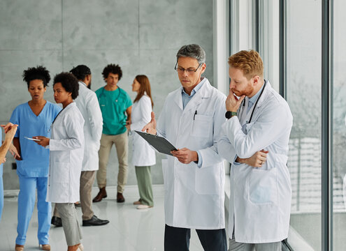 Portrait of a group of doctors and nurses at meeting in hospital