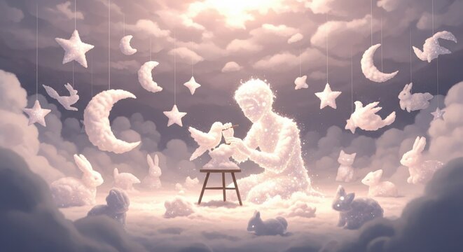 A fantasy illustration of a celestial being sculpting animals from sparkling dream clouds.