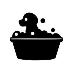 Stylized black and white image of a dog having a bubble bath