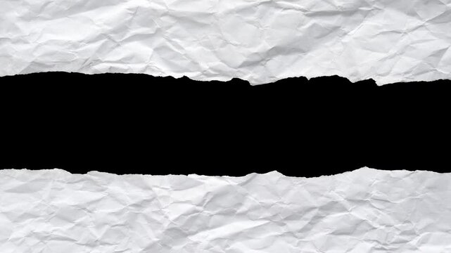 Animated torn paper frame isolated on black background, Stop motion ripped crumpled page sheet for message, empty old note piece edge strip, back to school design, scrap business study idea concept