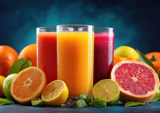 Fresh fruit juices in glasses surrounded by citrus fruits - Powered by Adobe