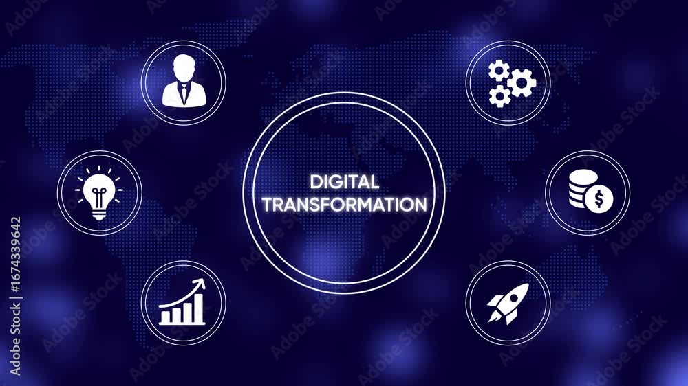 Poster digital transformation concept with business and technology icons on world map background innovation