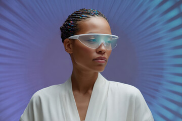 Scientist wearing futuristic smart glasses explores virtual reality in laboratory. Copy space
