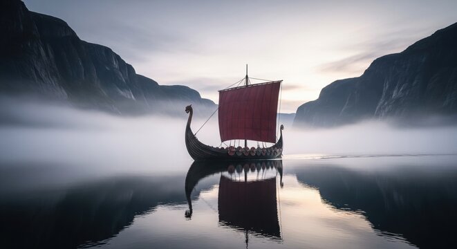 An epic Viking longship sailing through a misty fjord at dawn.