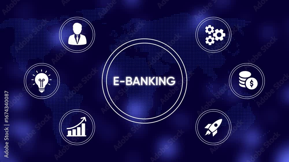 Poster e- banking concept with business and technology icons on world map background e-banking online banki