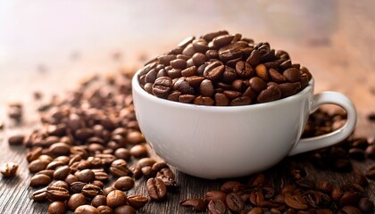 Fototapeta premium aromatic coffee beans in white mug a close up still life photography