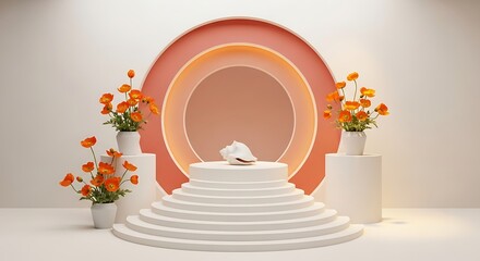 Serene Minimalist Still Life - Peach  White Architectural Stage with Tulips.